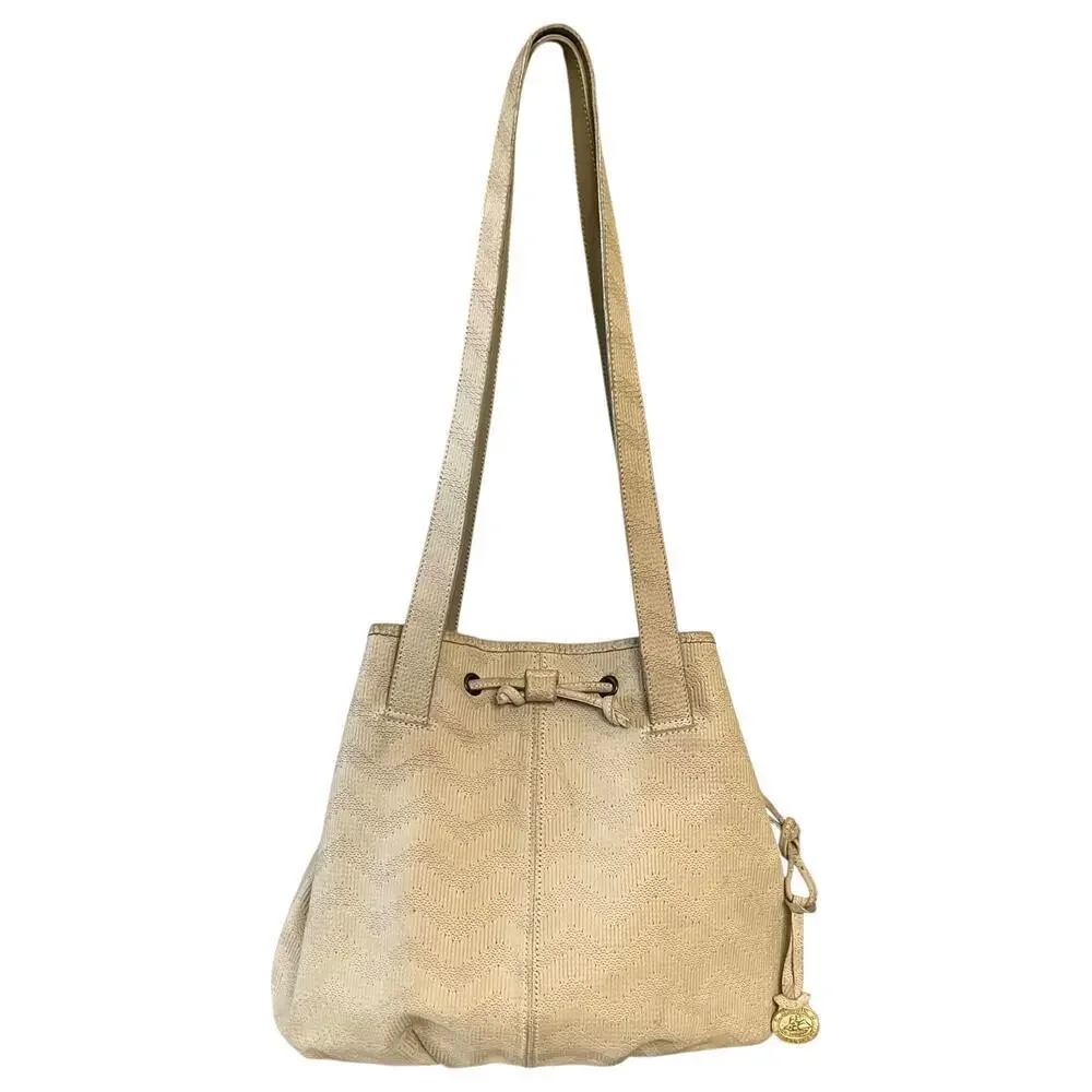 Brahmin 1980s Vintage Early Old Stock Chevron Embossed Cream Leather Bucket Bag